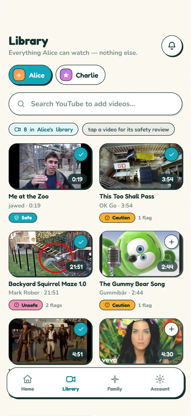 The Watchly parent library, where every video carries a Safe, Caution or Unsafe rating from the AI safety review.